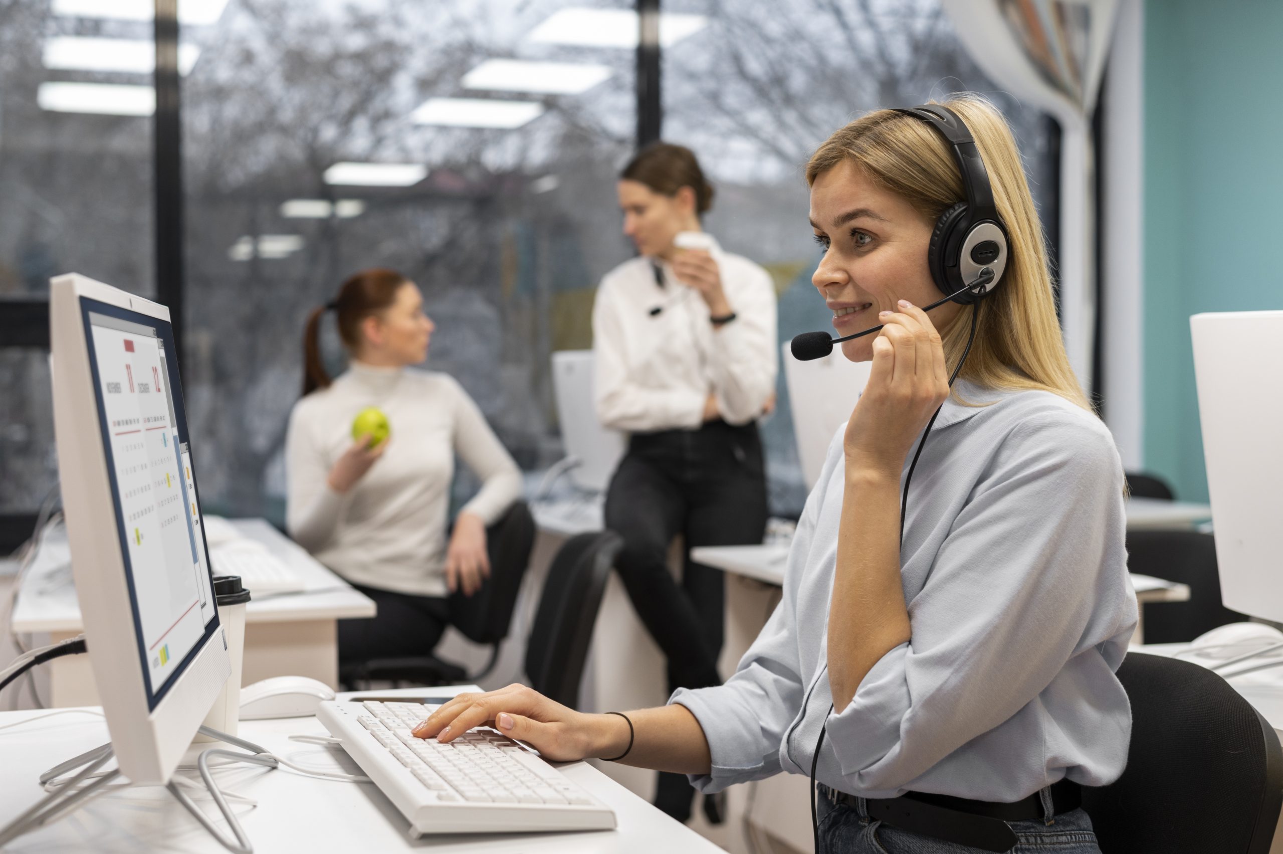Contact Me 1 woman working call center talking with clients using headphones microphone scaled